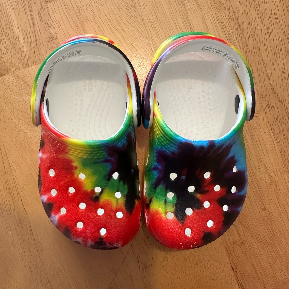 Multicolor crocs, size 5c